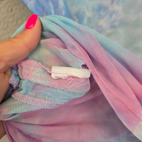 Riley James‎ Top Womens M Blue Pink Tie Dye Micromesh Ruched Rave Music Festive - Picture 10 of 11
